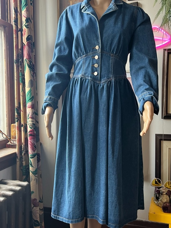 Dresses & Skirts - Dark Blue Denim Long-Sleeve Button-Corset Waist Open back A-line Dress